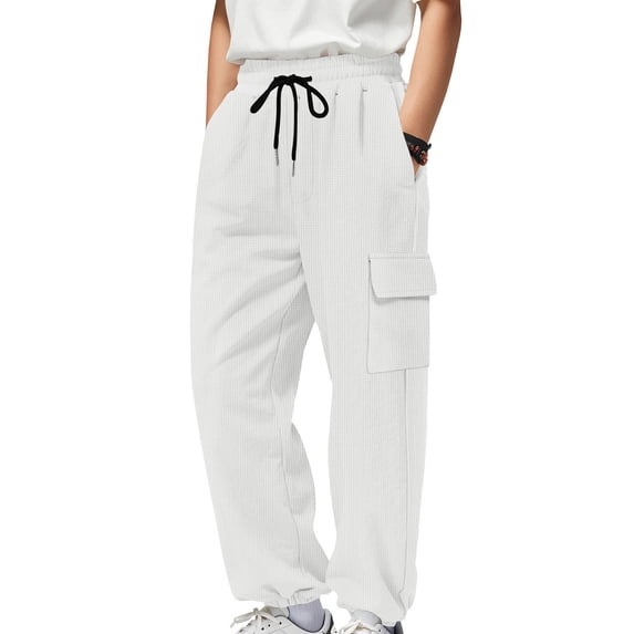 Fengqque Men's Waffle Stretch Cargo Pants Elastic Waist Drawstring Cargo Joggers Tapered Pants White L(L)