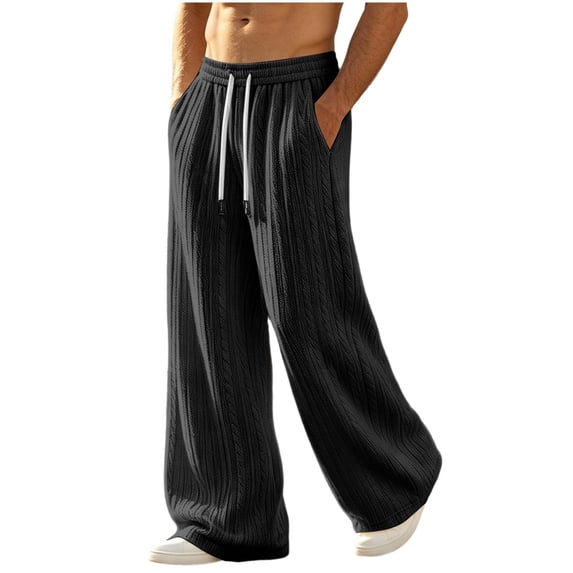 Fengqque Men's Wide Leg Loose Pants Dressy Casual Drawstring Elastic Waist Trousers with Pockets Black XL