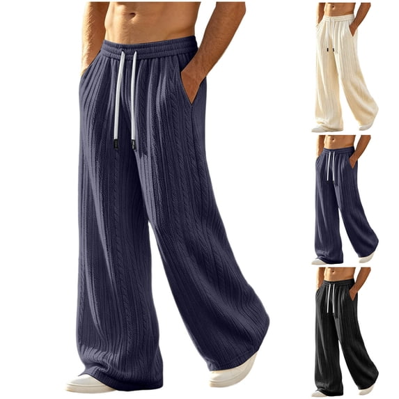 Fengqque Men's Wide Leg Loose Pants Dressy Casual Drawstring Elastic Waist Trousers with Pockets Navy XL