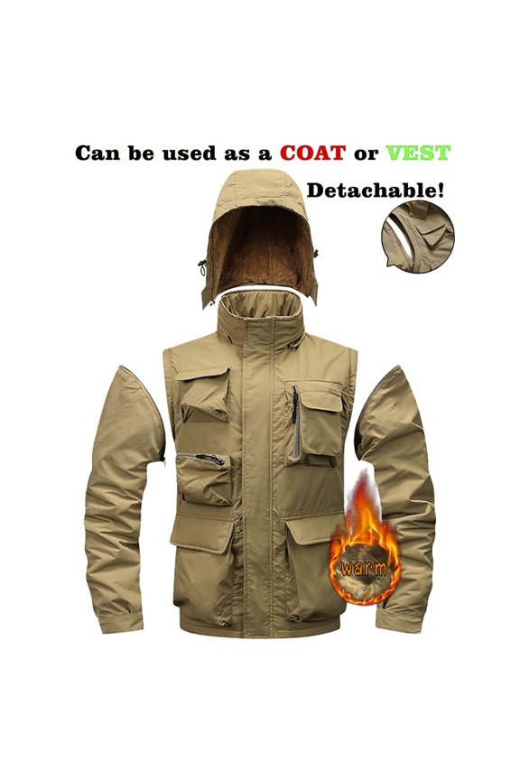 Men's Winter Skiing Jackets Water Resistant Fleece Coats Detachable Arm Submachine Jacket Hooded Jacket Khaki XXXL(XXXL)