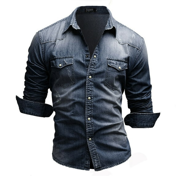 Fengqque Men's Winter Warm and Breathable Classic Outdoor Promotion Denim Long-Sleeve Beefy Button Basic Solid Tee Shirt