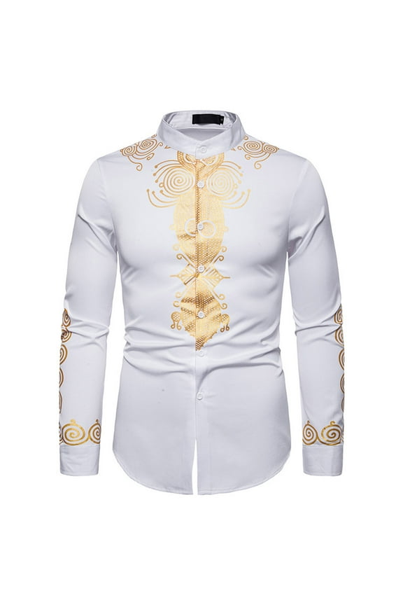 Men's and Big Mens Long Sleeve Classic Totem Print Shirt African Style Long-sleeved Stand-up Collar Shirt Blouse