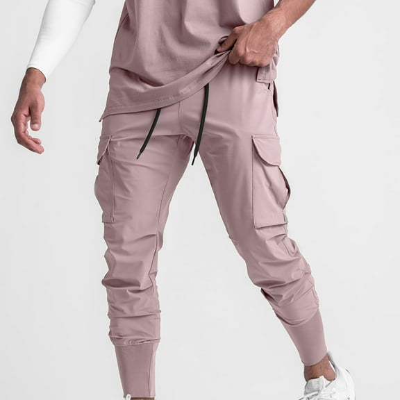 Fengqque Mens Athletic Workout Jogger Sweatpants with Pocket Elastic Waistband Drawstring Tapered Pants Pink 4(S)