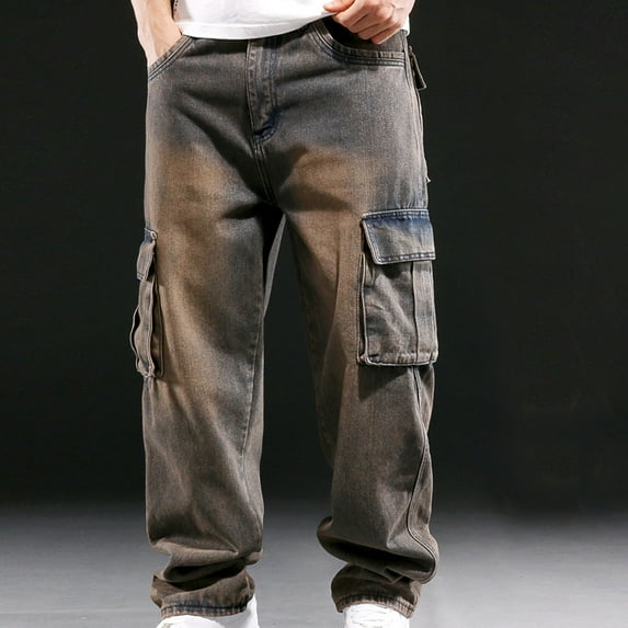 Fengqque Mens Baggy Jeans Y2k Vintage Plain Pants Multiple Pockets Casual Wide Leg Loose Fit Cargo Denim Jeans Brown XXL(XXL)