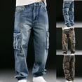 thumbnail image 1 of Fengqque Mens Baggy Jeans Y2k Vintage Plain Pants Multiple Pockets Casual Wide Leg Loose Fit Cargo Denim Jeans Light Blue XL(XL), 1 of 5