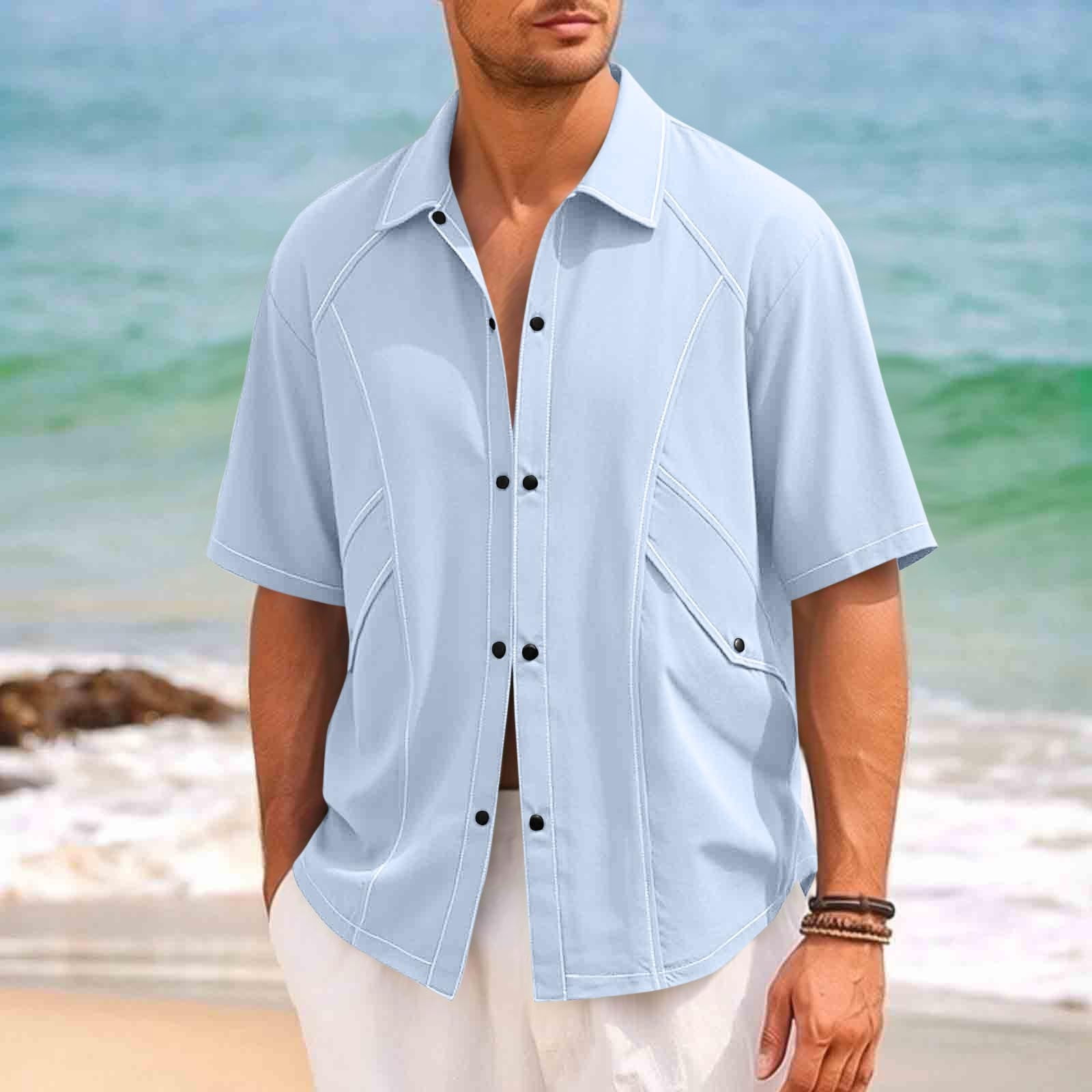 Fengqque Mens Button Down Shirts Short Sleeve Lapel Plus Size Summer ...