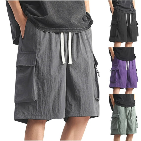 Fengqque Mens Cargo Shorts Elastic Waist Drawstring Running Shorts Loose Wide Leg Shorts with Multiple Pockets Purple XL(XL)