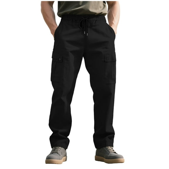 Fengqque Mens Casual Cargo Pants Baggy Straight Leg Sweatpants with Large Flap Pockets Hiking Sports Trousers Black XL(XL)