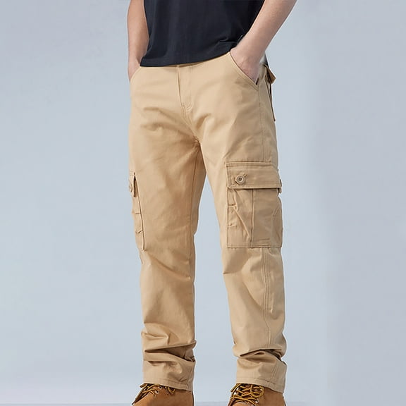 Fengqque Mens Casual Cargo Pants Baggy Straight Leg Sweatpants with Pockets Hiking Sports Trousers Khaki 4(S)