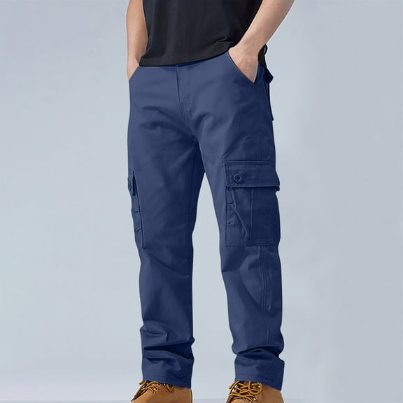 Fengqque Mens Casual Cargo Pants Baggy Straight Leg Sweatpants with Pockets Hiking Sports Trousers Navy 12(XXL)