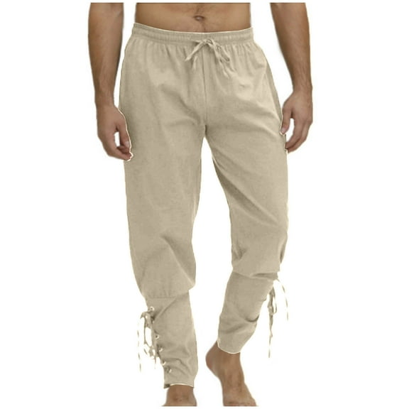 Fengqque Mens Casual Drawstring Strap Ankle Pants Loose Fit Elastic Waist Solid Color Long Pants Khaki 4(M)