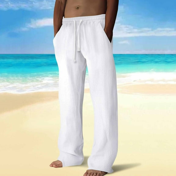 Fengqque Mens Casual Imitation Cotton and Linen Pants Loose Fit Elastic Drawstring Waist Straight-Legs Summer Yoga Beach Long Pants White XXXL(XXXL)