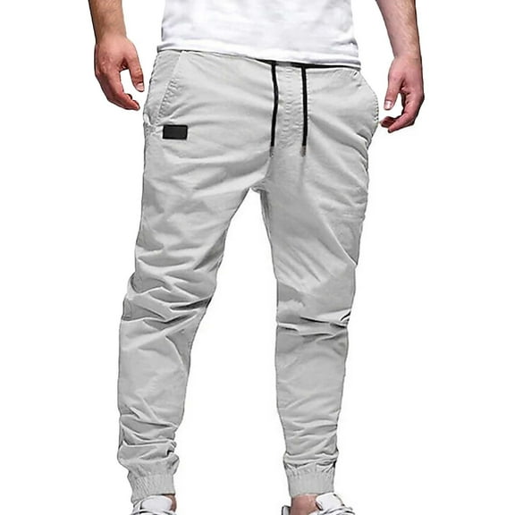 Fengqque Mens Casual Joggers Pants - Cotton Drawstring Chino Cargo Pants Hiking Outdoor Track Jogging Sweatpants Pants White 12(XXL)