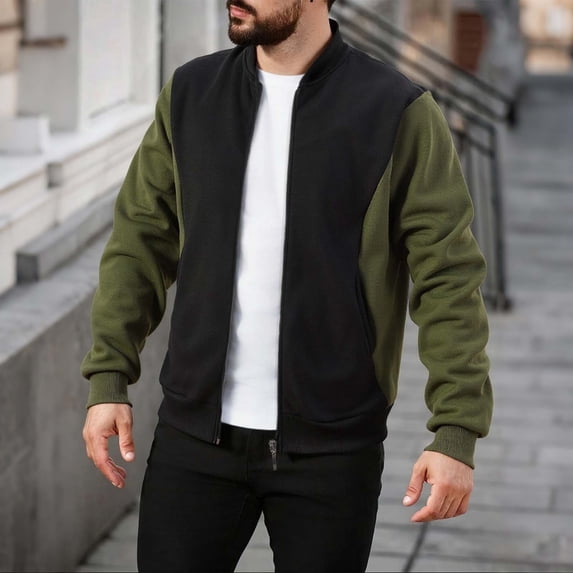 Fengqque Mens Casual Long Sleeved Stand Up Collar Color Blocked Full Zip Cardigan Sweatshirt Jacket Black XXXL(XXXL)