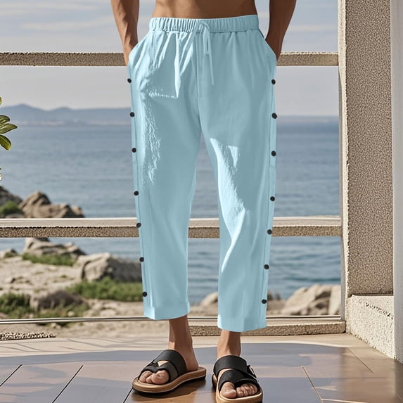 Fengqque Mens Casual Pants Drawstring Elastic Waist Lightweight Linen-cotton Pants Summer Beach Trousers Light Blue L(L)
