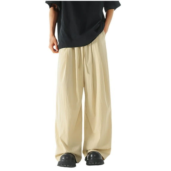 Fengqque Mens Casual Pants Drawstring Elastic Waist Loose Fit Quick Drying Wide-leg Pants Khaki M(M)