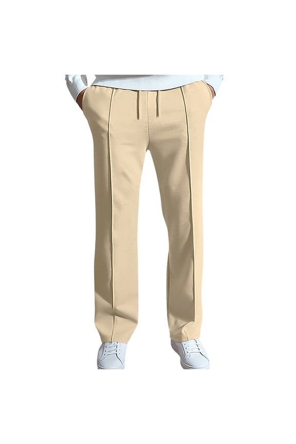 Mens Casual Pants Elastic Waist Drawstring Chinos Pants Tapered stripe Trousers with Pockets Beige 10(XL)