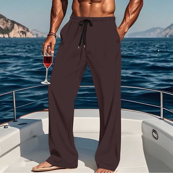 Fengqque Mens Casual Pants Loose Fit Elastic Drawstring Waist Straight-Legs Summer Yoga Beach Trousers Brown S(S)