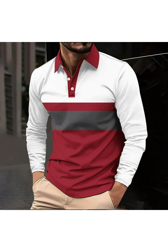 Mens Color Blocking Polo Shirts Long Sleeved Lapel Quarter Button Self-cultivation Regular Fashion Designed Shirt Red XXXL(XXXL)