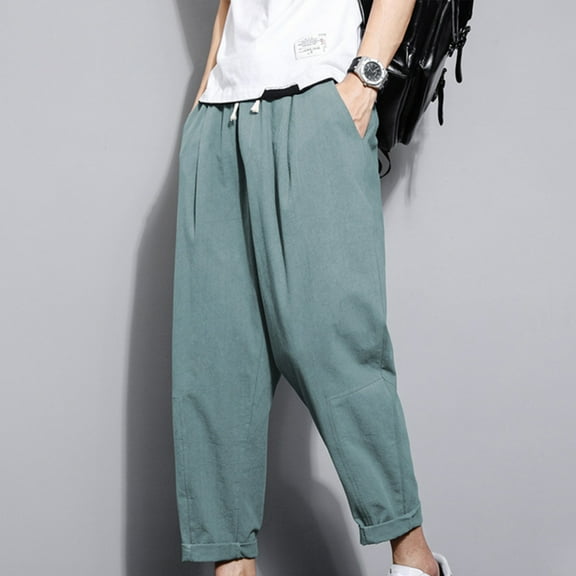Fengqque Mens Cotton Linen Pants Elastic Waist Drawstring Loose Fit Casual Summer Beach Pants with Pockets Baggy Trousers Green 12(L)
