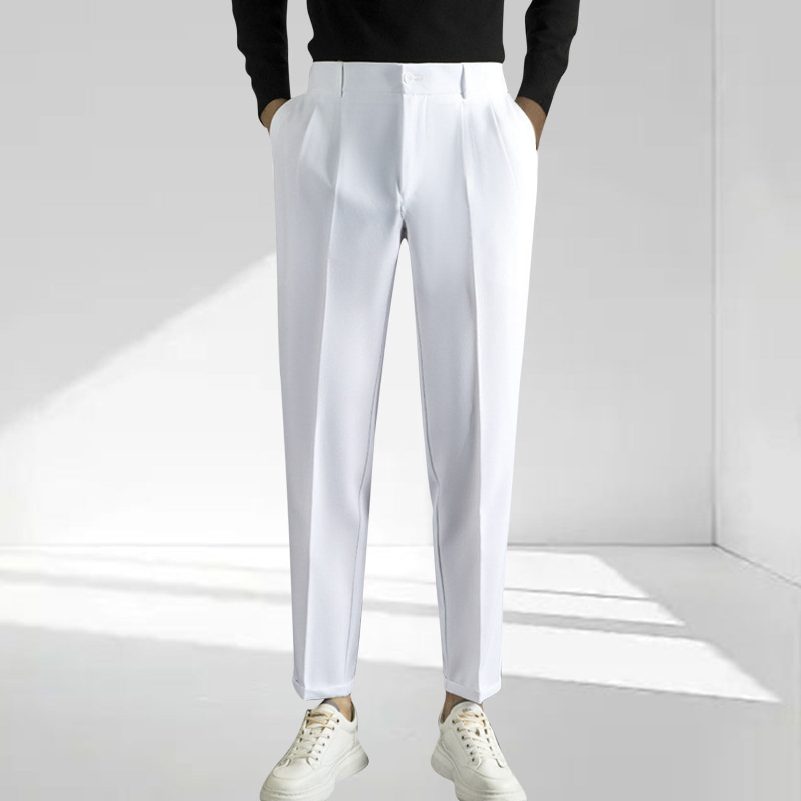 Fengqque Mens Cropped Pants Slim Fit Pleated Front Dress Pants Business ...