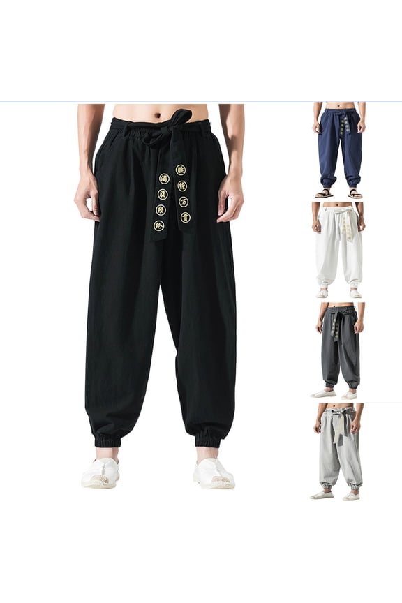 Mens Fashion Casual Cotton Linen Pants Elastic Drawstring Waist Lightweight Harem Pants White 10(XL)
