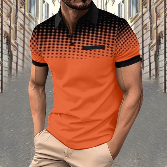 Fengqque Mens Fashion Casual Short Sleeve Quarter Button Dress Shirts Casual Polka Dot Print Lapel Shirt Orange S(S)