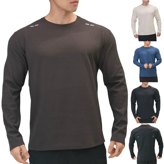 Fengqque Mens Fashion Casual Solid Color Long Sleeve Round Neck Muscle T Shirts Slim Fit Pullover Dark Blue XL(XL)