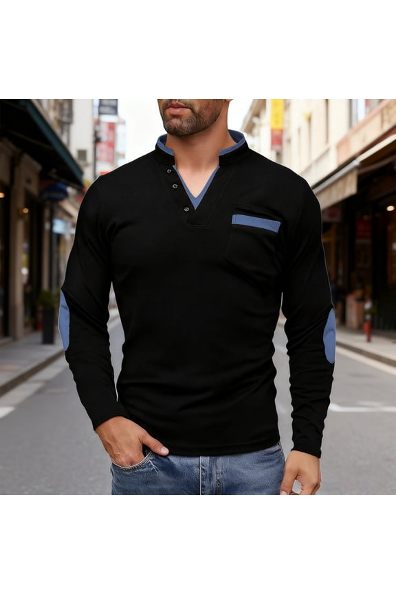 Mens Fashion Shirts Long Sleeve Quarter Button T Shirts V-Neck Casual Shirts Solid Colour Tops Blue XXXL(XXXL)
