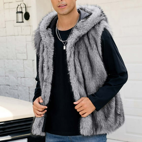 Fengqque Mens Faux Jacket Fluffy ry Coats Hooded Long Sleeve Outerwear Winter Warm Cardigans Dark Gray XL(XL)