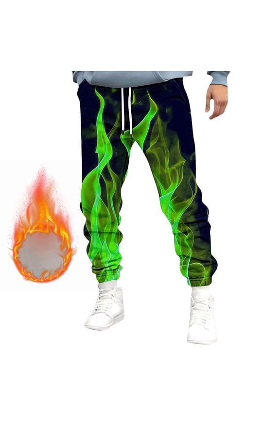 Mens Flame Printed Fleece-lined and Thickened Gym Jogger Pants Workout Sweatpants with Pocket Green 6(M)