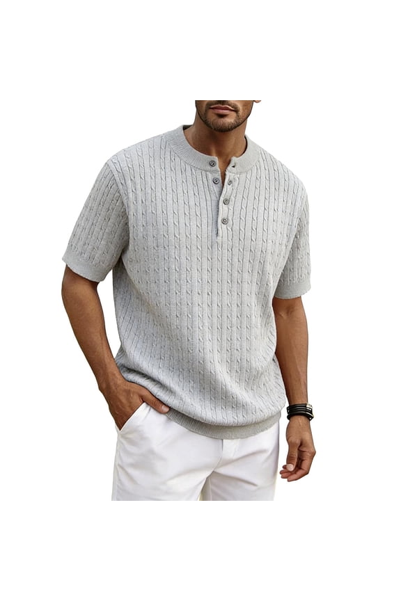 Mens Front Button Henry Shirt Basic Short Sleeve Knitted Rib Henley Loose T-Shirts Gray S(S)