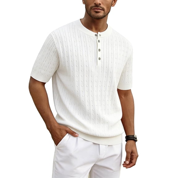 Fengqque Mens Front Button Henry Shirt Basic Short Sleeve Knitted Rib Henley Loose T-Shirts White S(S)
