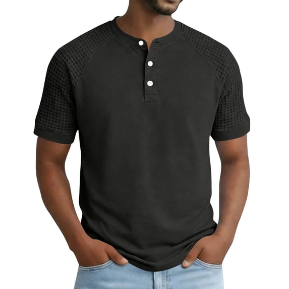 Fengqque Mens Henley Shirts Short Sleeve Casual Summer Basic T-Shirts 3 Button Solid Collarless Shirts for Work Dark Gray XXXL(XXXL)