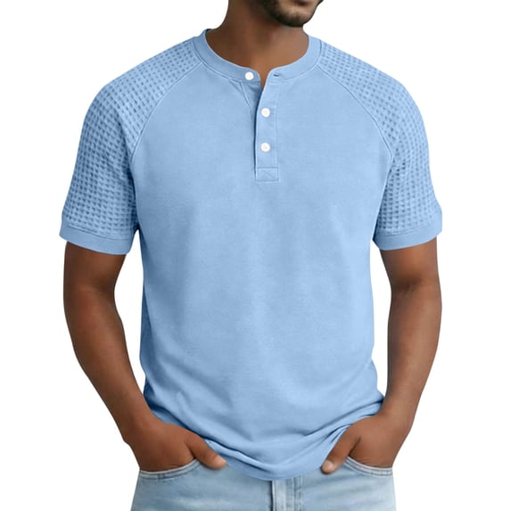 Fengqque Mens Henley Shirts Short Sleeve Casual Summer Basic T-Shirts 3 Button Solid Collarless Shirts for Work Light Blue L(L)