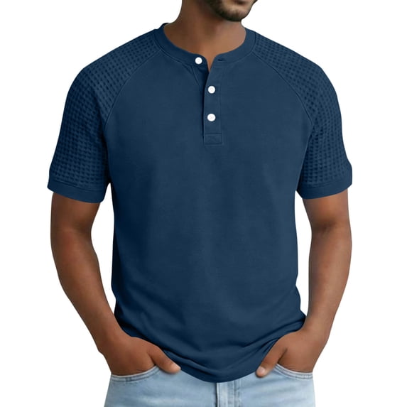 Fengqque Mens Henley Shirts Short Sleeve Casual Summer Basic T-Shirts 3 Button Solid Collarless Shirts for Work Navy S(S)