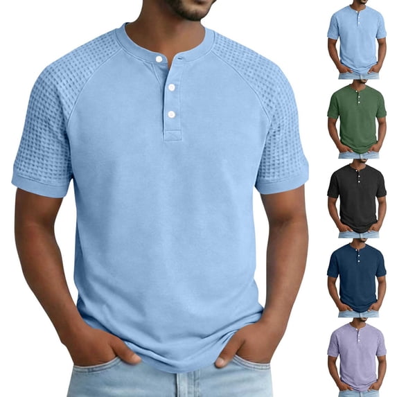 Fengqque Mens Henley Shirts Short Sleeve Casual Summer Basic T-Shirts 3 Button Solid Collarless Shirts for Work Purple XL(XL)
