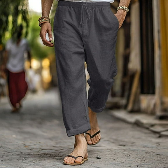 Fengqque Mens Imitation Cotton and Linen Pants Elastic Waist Drawstring Loose Fit Casual Summer Beach Pants with Pockets Baggy Trousers Gray L(L)