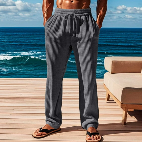 Fengqque Mens Knit Casual Pants Fashion Loose Fit Wide Leg Pants Straight Sweatpants Elastic Waist Drawstring Pants Gray 6(M)