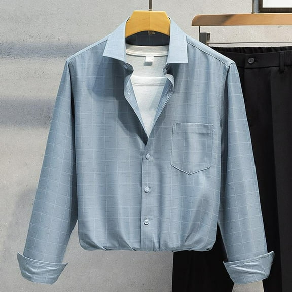 Fengqque Mens Lapel Checkered Shirt Work Shirts Long Sleeve Casual Button Down Shirt with Pocket Gray 8(L)