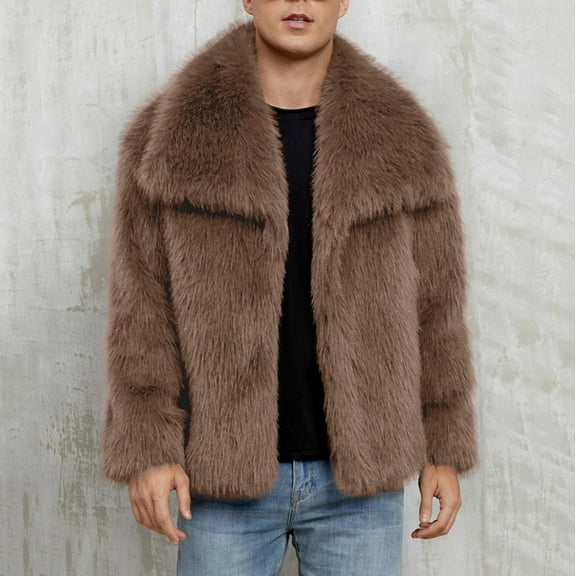 Fengqque Mens Lapel Faux Fur Jacket Long Sleeve Turn Down Collar Furry Coat Winter Warm Fluffy Furry Cardigans Outerwear Brown S(S)