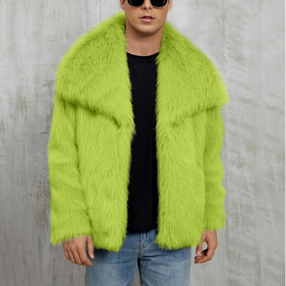 Fengqque Mens Lapel Faux Fur Jacket Long Sleeve Turn Down Collar Furry Coat Winter Warm Fluffy Furry Cardigans Outerwear Green S(S)