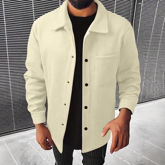Fengqque Mens Lightweight Shirt Jacket Long Sleeve Lapel Casual Fall Warm Work Stylish Jackets with Pocket Beige XL(XL)