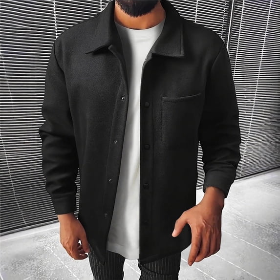 Fengqque Mens Lightweight Shirt Jacket Long Sleeve Lapel Casual Fall Warm Work Stylish Jackets with Pocket Black L(L)