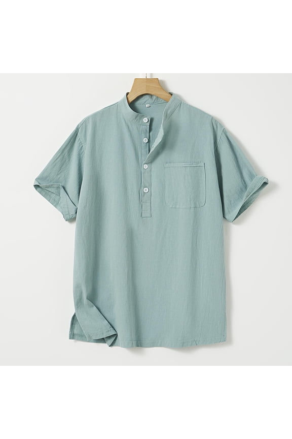 Mens Linen-cotton Casual Shirts Short Sleeve Stand up Collar Half Button Summer Beach Shirt Green XXXL(XXXL)