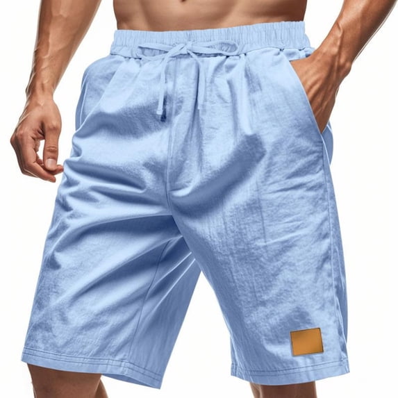 Fengqque Mens Linen-cotton Elastic Waist Drawstring Workout Gym Joggers Shorts Summer Casual Sweat Short Pants with Pockets Light Blue XXL(XXL)