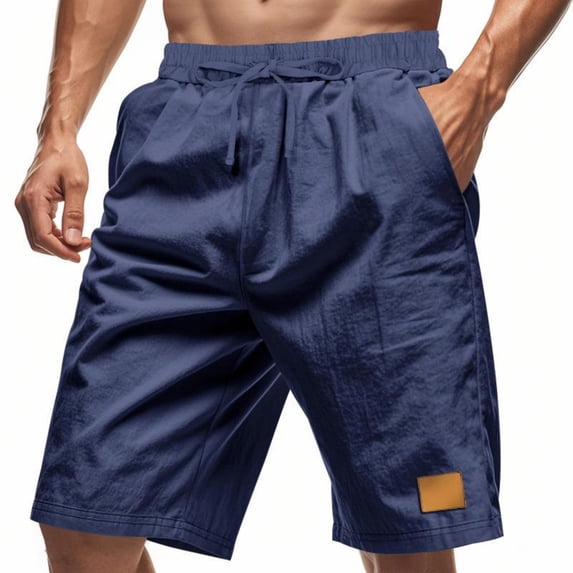 Fengqque Mens Linen-cotton Elastic Waist Drawstring Workout Gym Joggers Shorts Summer Casual Sweat Short Pants with Pockets Navy XXL(XXL)
