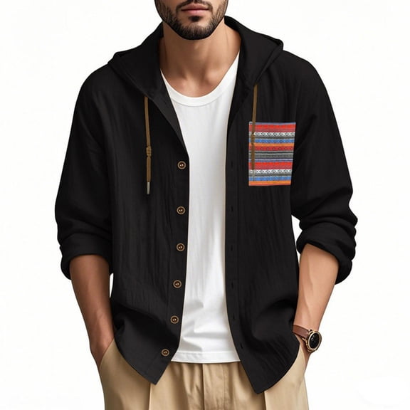 Fengqque Mens Linen-cotton Long Sleeve Drawstring Hoodie Button Down Shirts with Pockets Casual Hawaiian Beach Shirts Black L(L)