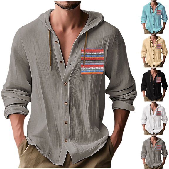 Fengqque Mens Linen-cotton Long Sleeve Drawstring Hoodie Button Down Shirts with Pockets Casual Hawaiian Beach Shirts White XL(XL)