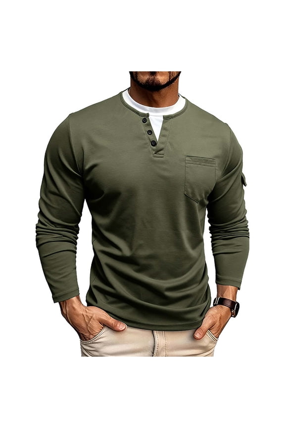 Mens Long Sleeved Round Neck Fake Two Double Layered Pullover Sweater Casual Button Shirt Army Green XXXL(XXXL)